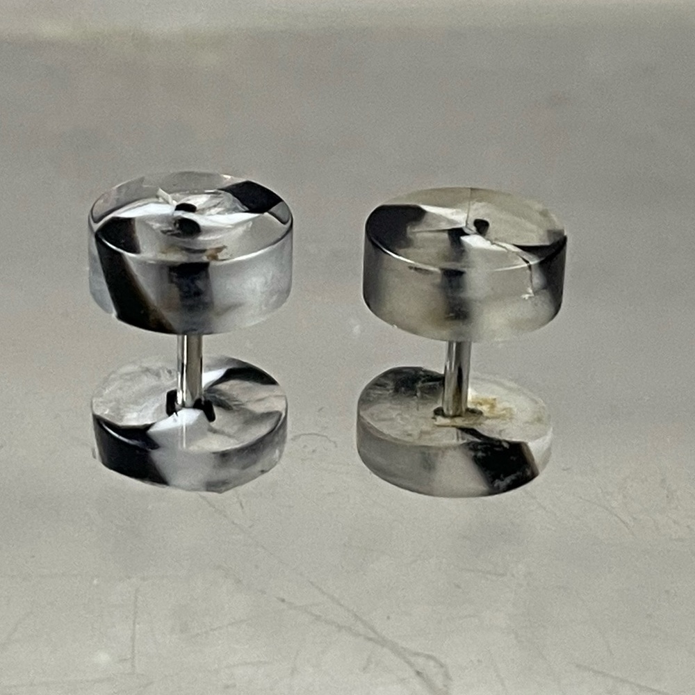 Earrings Black White Marble Fake Tapers And Plugs Acrylic 18G